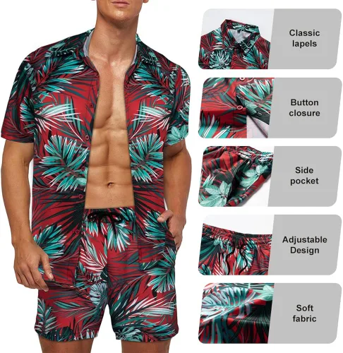Vista 5 de Camisa hawaiana de 2 piezas para hombre, camisa casual de manga corta con botones