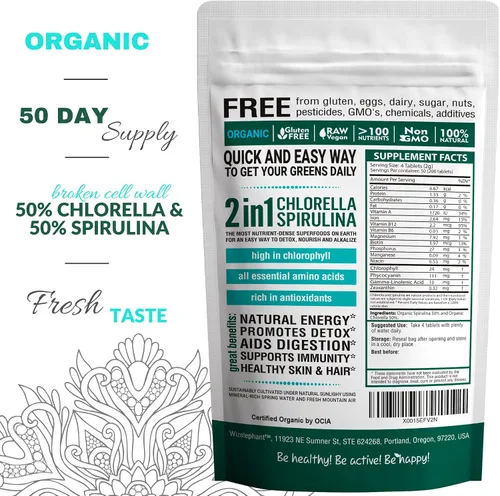 Vista 2 de Tabletas orgánicas de espirulina clorella – 50 porciones – Suplemento de algas superalimento 2 en 1 para apoyo inmunológico natural, desintoxicación