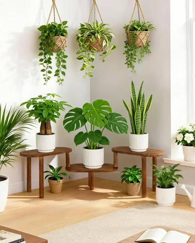 Vista 6 de Estante de plantas cóncavo de interior, soporte de plantas ovalado deformable de 3 niveles, soporte largo para macetas para múltiples plantas