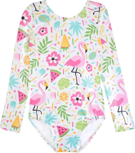 Vista 26 de HOZIY - Leotardos de manga larga para niñas, de gimnasia, para niños pequeños, trajes florales de unicornio, galaxia, arco iris, patrón de rayas