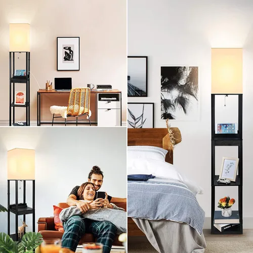 Vista 8 de Lámparas de pie para sala de estar, lámpara de pie alta con estantes y cajón, 2 puertos de carga USB y 2 tomas de corriente, bombilla LED brillante