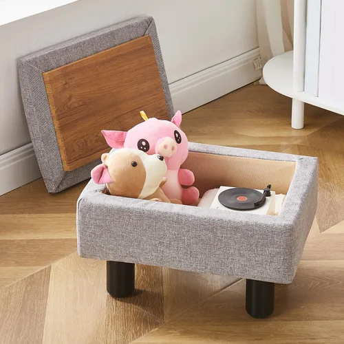 Vista 7 de Cpintltr Taburete de lino pequeño otomano rectangular para pies tapizado con patas de madera maciza, taburetes decorativos modernos, color gris
