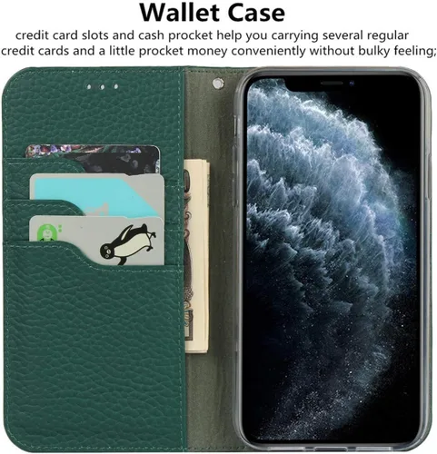 Vista 4 de iCoverCase Compatible con iPhone 11 Pro Max, funda magnética de piel auténtica con bloqueo RFID, correa para la muñeca y ranuras para tarjetas, Verde