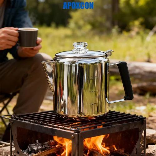 Vista 7 de Cafetera Percoladora Multiuso de Acero Inoxidable para Estufa con Dos Perillas de Vidrio Borosilicato Resistente Mango de Sílice Cafetera