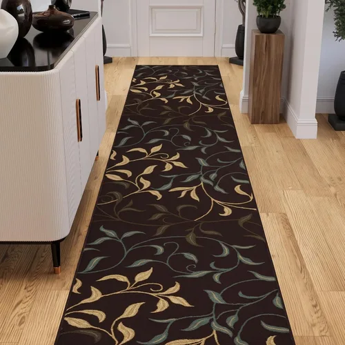 Vista 22 de Ottomanson, colección OttoHome, tapete para corredor con diseño azul claro y damasco (antiderrapante), parte trasera de goma Floral Beige