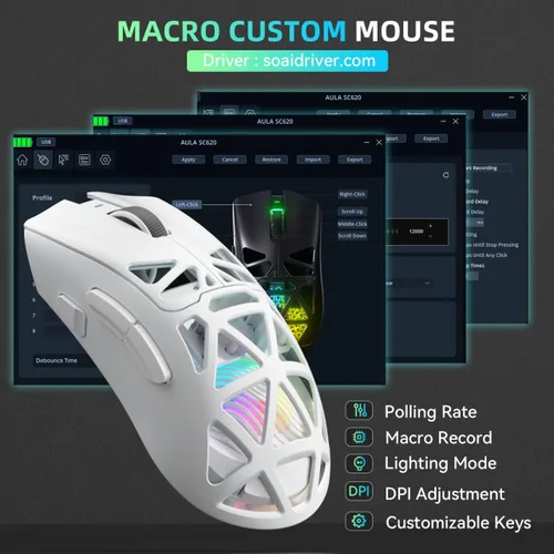 Vista 6 de Aula SC620 - Ratón inalámbrico para juegos, triple modo de 2.4 GHz/USB-C/BT5.3 con 12000 DPI, mouse macro gamer programable con llave de fuego Blanco