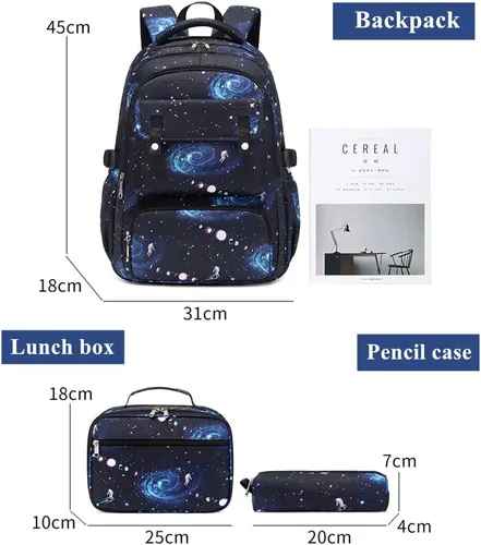 Vista 3 de Mildame Galaxy Backpack for Boys with Lunch Box Set, 3Pcs Boys Bookbag for Elementary, 3 in 1 Teens Space Printed School Bag
