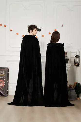 Vista 9 de Capa con capucha de vampiro, capa larga de terciopelo, disfraces para adultos, carnaval, Halloween, Navidad