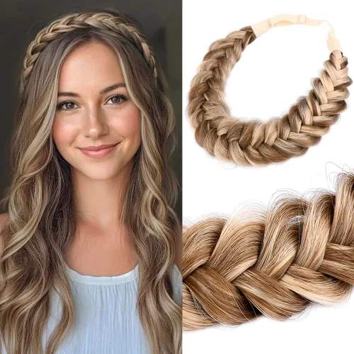 Vista 23 de Diadema ancha y despeinada de 2 mechones de cabello sintético trenzado, accesorio de belleza para mujeres y niñas, 62g/2.1 oz (caoba)
