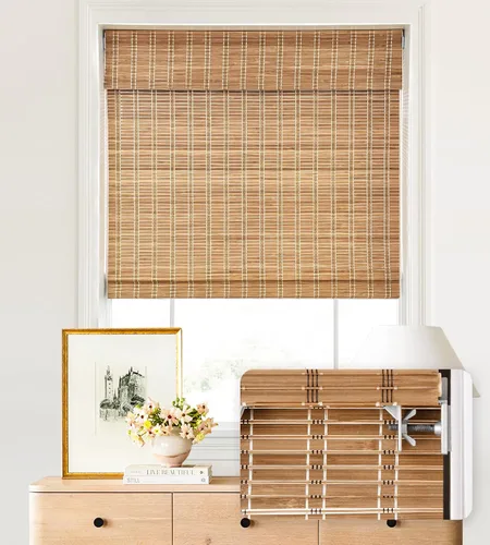 Vista 33 de LazBlinds - Cortinas romanas de bambú personalizadas sin cordón, tratamiento de ventana con filtro de luz, persianas enrollables de bambú retro