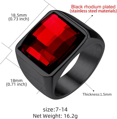Vista 9 de Anillos cuadrados de sello de piedras preciosas para hombres, anillo de meñique personalizado de acero inoxidable con piedra natal de topacio azul