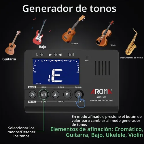 Vista 4 de Generador de tono digital de metrónomo, herramienta musical 3 en 1 con micrófono de clip de contacto para guitarra, bajo, violín, ukelele cromático