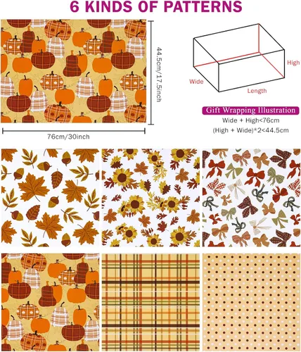 Vista 2 de RUSPEPA Hojas de papel de regalo de otoño, diseño de calabaza, girasol, hojas y cuadros, papel de regalo para Acción de Gracias, cumpleaños, regalos