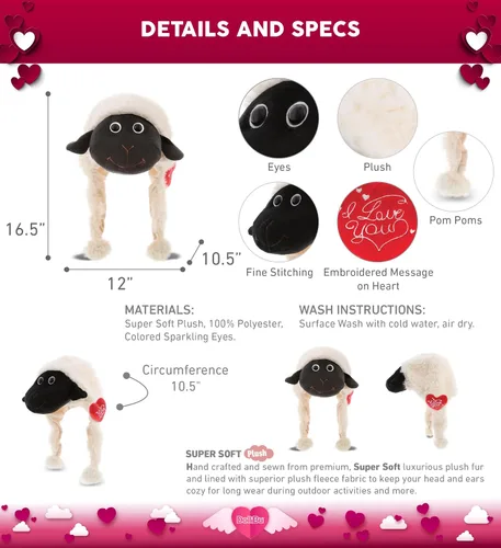 Vista 3 de DolliBu I LOVE YOU - Sombrero de peluche de oveja negra con nariz Lindo sombrero de peluche de oveja con corazón rojo y con nombre personalizado