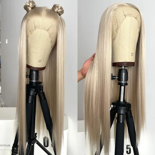 Vista 3 de Peluca con encaje frontal rubia ceniza, de 22 pulgadas de largo cabello sintético lacio, línea capilar prerasgueada, fácil de instalar, ligera