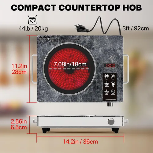 Vista 6 de Estufa infrarroja eléctrica de 1800 W, estufa eléctrica de un solo quemador, quemador portátil para cocinar, placa caliente de cocina enchufable