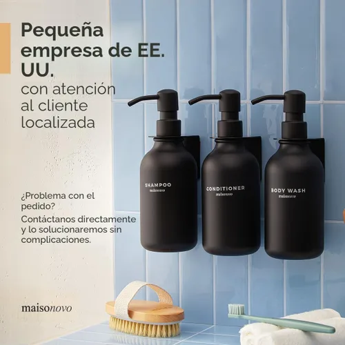Vista 8 de MaisoNovo Botellas recargables de champú y acondicionador Juego de 3 botellas de plástico ámbar de 16.9 fl oz con bombas de bambú negras