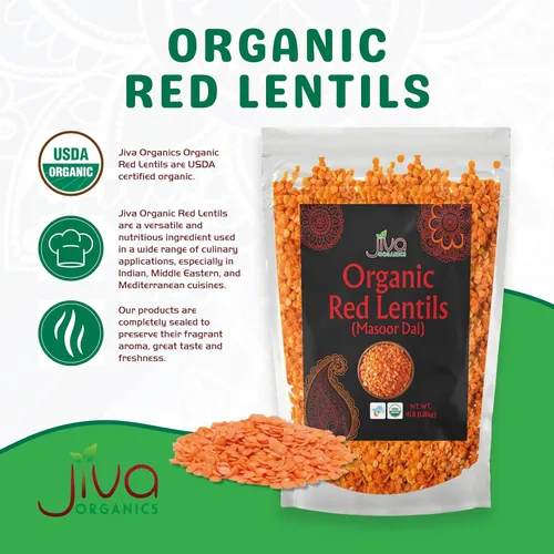 Vista 2 de Jiva Organics Masoor Dal - Bolsa grande de lentejas rojas orgánicas divididas de 4 libras, sin OMG, veganas, no irradiadas