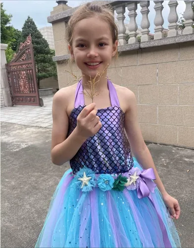 Vista 4 de Davsolly Mermaid Dress for Girls Mermaid Birthday Outfit with Mermaid Belt Flower Hair Clip for Halloween Birthday Party