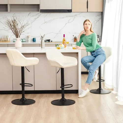 Vista 19 de Glitzhome Taburete de bar giratorio, taburetes de bar ajustables con soporte trasero y reposapiés, silla de bar tapizada de piel sintética