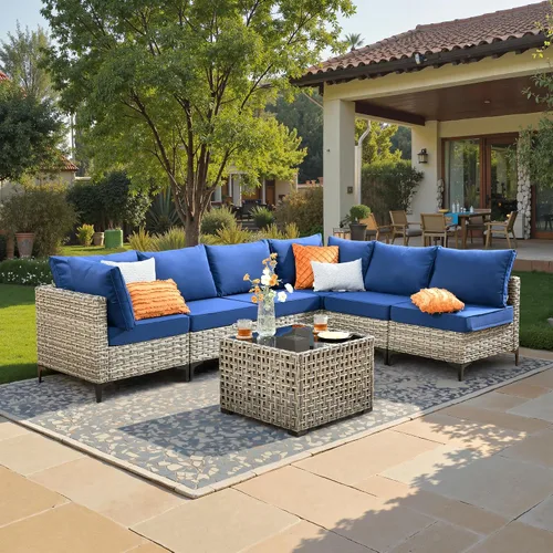 Vista 38 de ovios Muebles de patio de 8 piezas con hoguera, juego de conversación de mimbre de ratán para exteriores con mesa de centro brillante, cómodo sofá