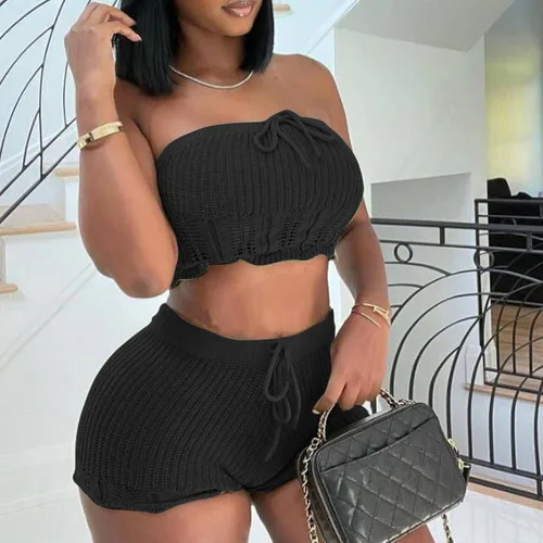 Vista 2 de CALEBGAR Two Piece Outfits for Women Sexy Cropped Tube Top Shorts Sets Knitted Bodycon Pants Summer Clubwear