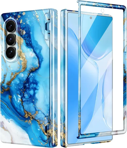 Vista 20 de Btscase Funda para Samsung Galaxy Z Fold 5, protector de pantalla frontal integrado, patrón de mármol dorado con purpurina de policarbonato duro