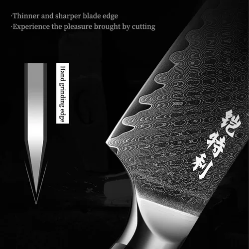 Vista 5 de Cuchillo de chef de Damasco de 8 pulgadas, núcleo de corte de acero HC 10Cr15CoMoV recubierto con 72 capas de acero de Damasco, mango de madera