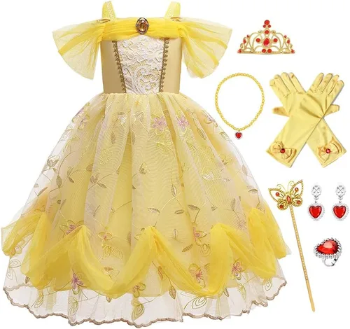 Vista 28 de FMYFWY Disfraz de princesa de Bella para niñas, disfraz de belleza y bestia, Halloween, Navidad, boda, cumpleaños (accesorios)