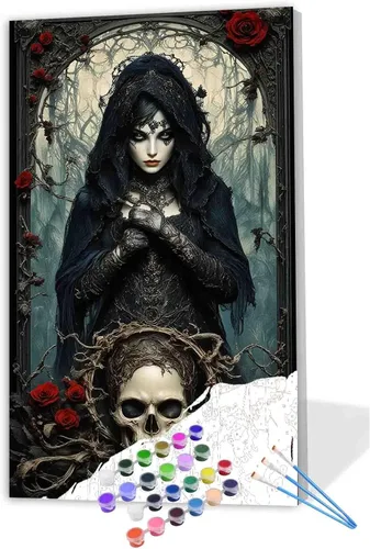 Vista 8 de Tucocoo Pintura de bruja por números para adultos y niños, rosas rojas, pintura en lienzo por números, pintura acrílica, manualidades, decoración