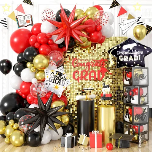 Vista 10 de Kit de Arco de Globos Paready Graduación 2025, 120 Piezas de Arco de Globos Graduación Negro y Dorado, Globos de Confeti Negro y Dorado Metálicos