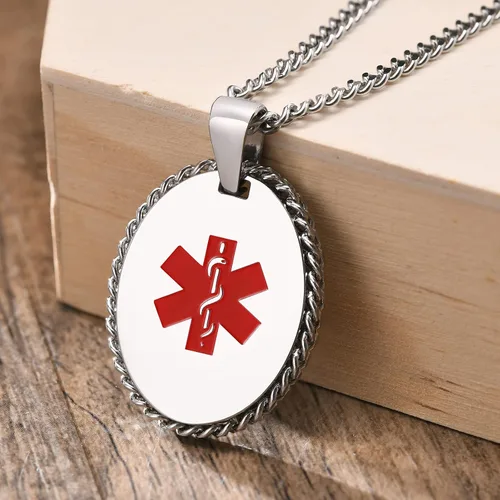 Vista 76 de VNOX Collar con colgante personalizado de acero inoxidable con grabado personalizado para identificación de alerta médica de emergencia para hombres