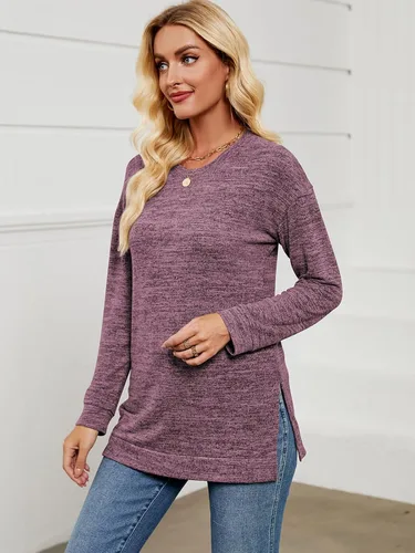 Vista 3 de Qearal Sudadera para mujer, cuello redondo, manga larga, ajuste holgado, casual, con abertura lateral, túnica