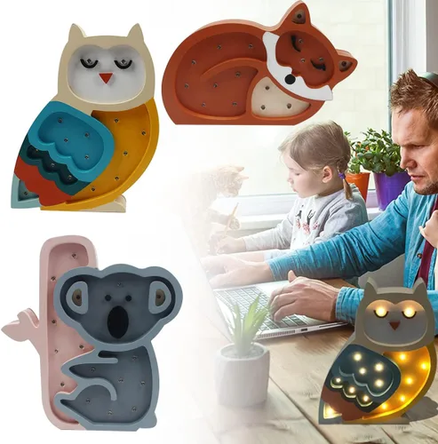 Vista 7 de Luz de noche LED decorativa para niños, decoración de guardería de bebé, lindo zorro lámpara de mesa de madera, letrero de animal, adorno