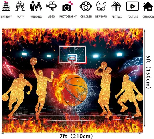 Vista 6 de Fondo temático de baloncesto para fotografía, 7 x 5 pies, Star Slam Dunk Baloncesto Deportes Fondo para niños Baloncesto Feliz Cumpleaños Decoración