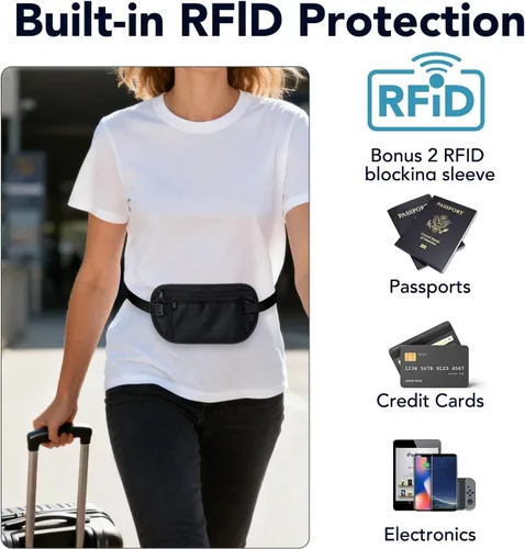 Vista 3 de Cinturón de dinero para viajes con cubierta antirrobo para tarjetas de bloqueo RFID, correa de muñeca para teléfono, soporte para pasaporte