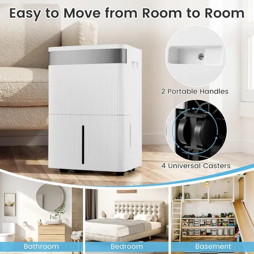 Vista 9 de COSTWAY Deshumidificador para sótano, deshumidificador para el hogar con mango conveniente, tanque de 1.4 galones, descongelación automática