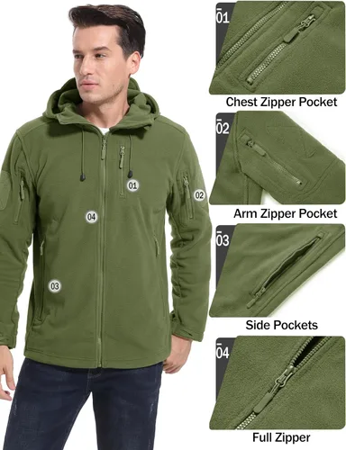 Vista 6 de CRYSULLY Chaqueta con capucha de forro polar táctica militar para hombre, chaqueta de caza, chaqueta de invierno, chaqueta cortavientos, chaqueta