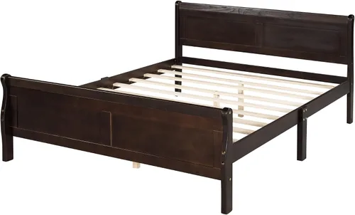 Vista 9 de Cama de plataforma de madera maciza tamaño matrimonial con cabecera y estribo de trineo, base de cama de plataforma de madera completa con Espresso