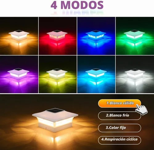Vista 2 de VOLISUN Luz Solar para Poste Impermeable al Aire Libre: Cambio de Color RGB - Luces Intermitentes de Tapa Solar para Cerca 4 Unidades Blancas