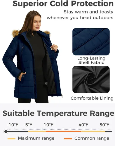 Vista 4 de wantdo Abrigo de invierno cálido para mujer, chaqueta puffer pesada tipo parka con capucha con ribete de piel