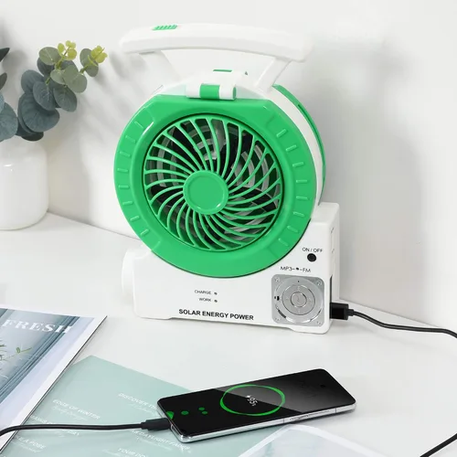 Vista 6 de Ventilador solar multifunción, ventilador eléctrico de camping al aire libre de 4000 mAh con panel solar, MP3/lámpara de mesa/antorcha/función