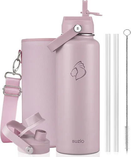Vista 100 de BUZIO Botella de agua aislada de 24 oz, frasco de agua de boca ancha de acero inoxidable con tapa de pajita, frío durante 48 horas a prueba de Negro