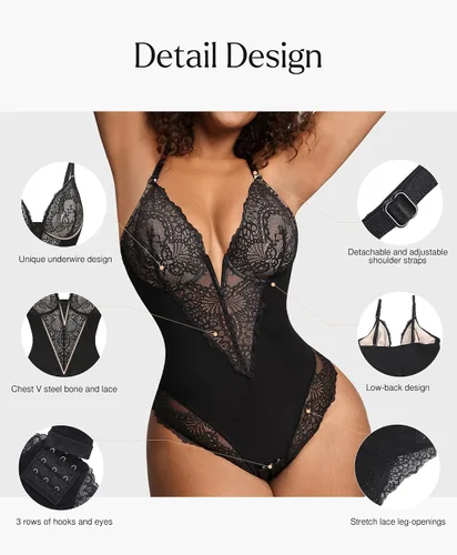 Vista 3 de Popilush Body de encaje con control de abdomen, corsé con cuello en V, sin mangas, espalda descubierta, tangas