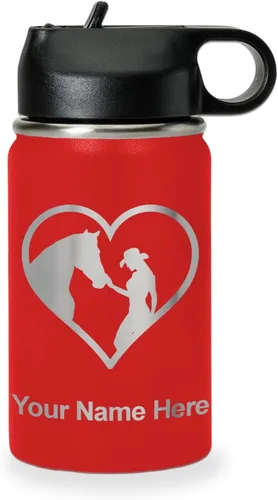 Vista 12 de LaserGram Botella de agua personalizada, corazón de vaquera de caballo, acero inoxidable de doble pared aislada al vacío con popote superior, regalo