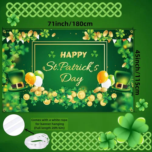 Vista 2 de Decoraciones de pancarta de feliz día de San Patricio, telón de fondo del día de San Patricio de 71 x 45 pulgadas con diseño de trébol de la suerte