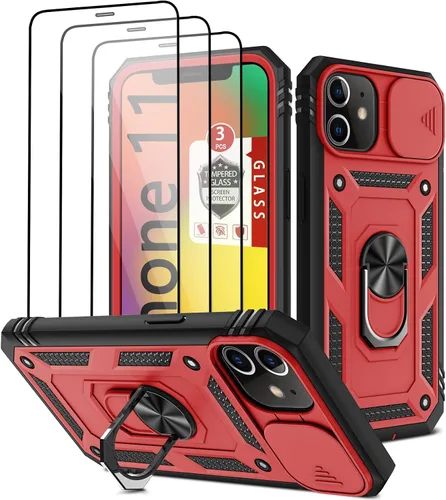 Vista 8 de Funda para iPhone 11, funda para iPhone 11 con 3 protectores de pantalla de vidrio templado, soporte de anillo integrado + cubierta de cámara