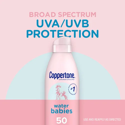 Vista 3 de Coppertone Water Babies - Loción de protección solar en aerosol SPF 50, protector solar para bebés recomendado por pediatras, protector solar