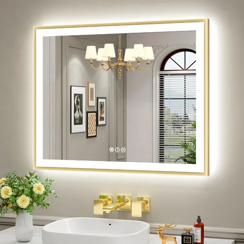 Vista 24 de Espejo de baño LED de 24x28 pulgadas con marco negro, espejos de baño retroiluminados y con luz frontal para pared, antiempañamiento, regulable