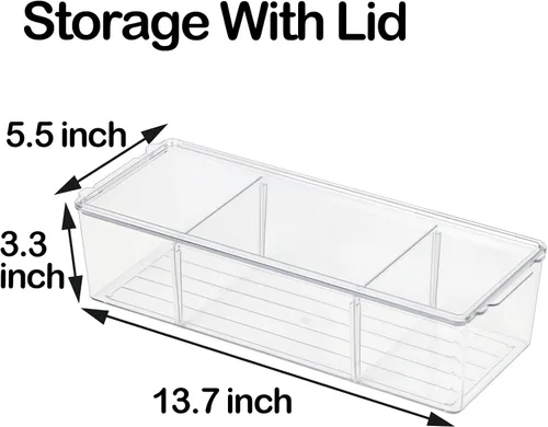 Vista 7 de ZEXALOR Contenedor grande de plástico transparente con tapa y 3 compartimentos divididos, contenedor de almacenamiento largo transparente apilable
